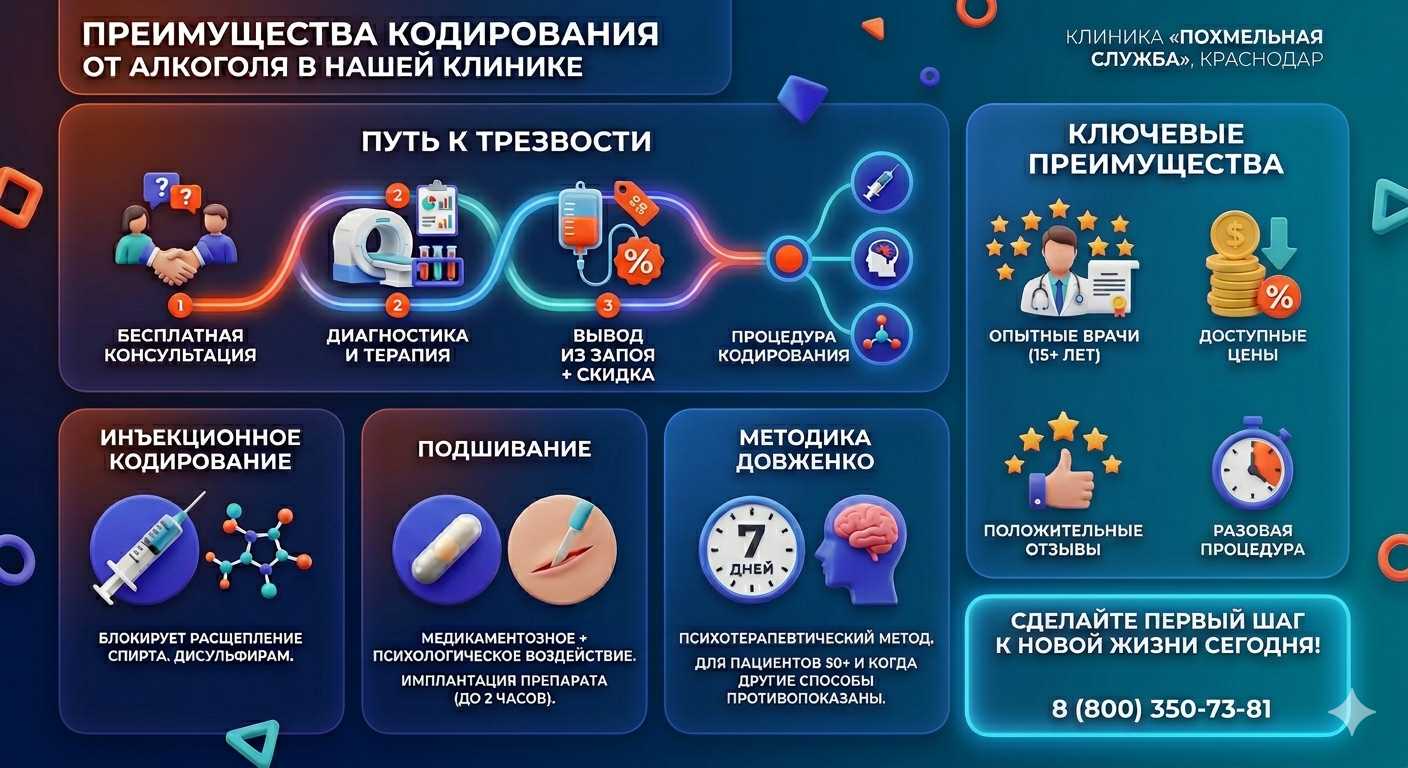 Инфографика о методах кодирования от алкоголя в Нестеровской: инъекции, подшивание, метод Довженко. Преимущества клиники и этапы лечения.