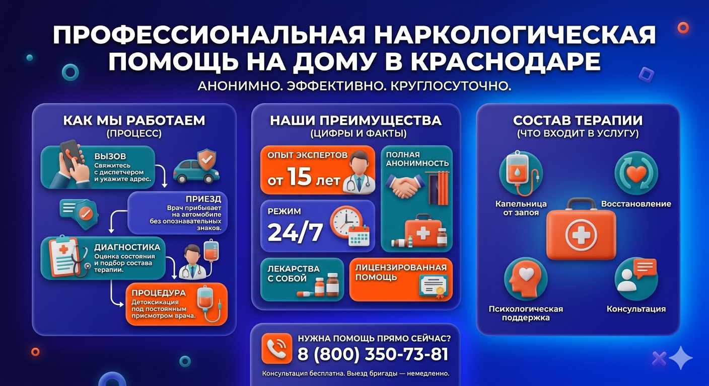Инфографика о принципах лечения алкоголизма на дому в Нестеровской: этапы вызова нарколога, преимущества анонимной детоксикации и состав медицинской помощи.
